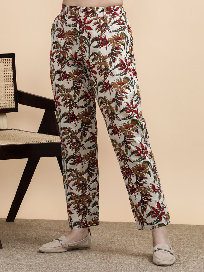 Tilda x Soma | Women's Regular Fit Trouser in Cream Blossom Block Print Cotton-Binks