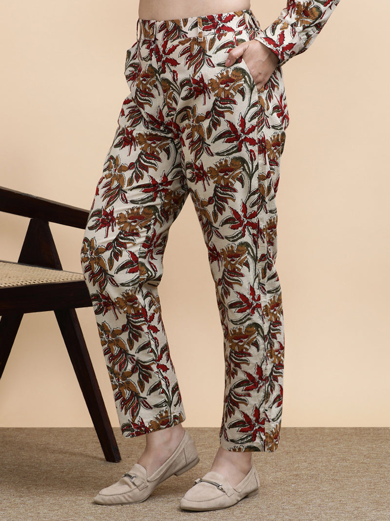 Tilda x Soma | Women's Regular Fit Trouser in Cream Blossom Block Print Cotton-Binks