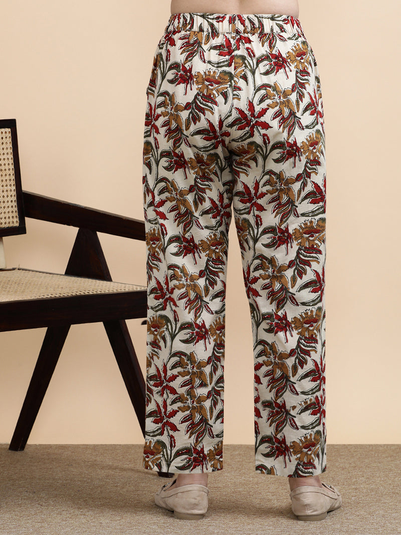 Tilda x Soma | Women's Regular Fit Trouser in Cream Blossom Block Print Cotton-Binks
