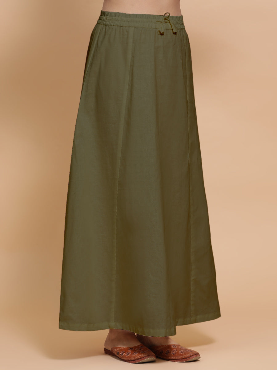 Petticoat/Underskirt for Sarees in Deep Olive Green Linen, in Green 70% Cotton 30% Linen, made for daily & work.
