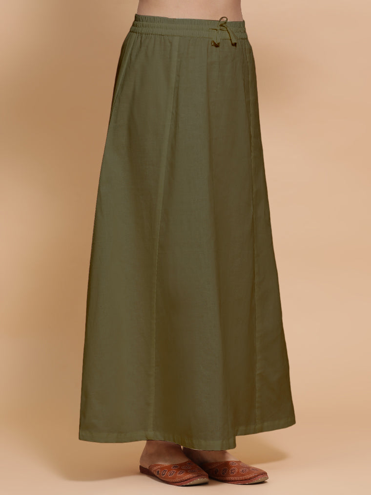 Petticoat/Underskirt for Sarees in Deep Olive Green Linen, in Green 70% Cotton 30% Linen, made for daily & work.