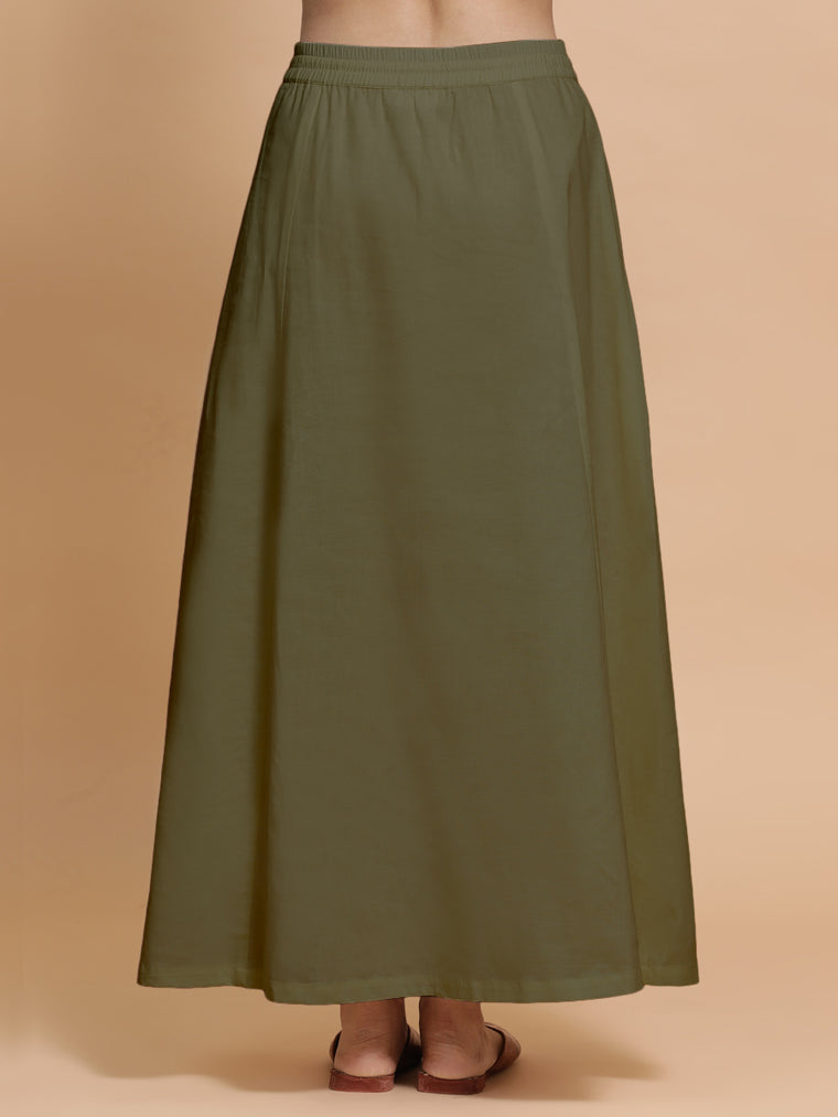 Petticoat/Underskirt for Sarees in Deep Olive Green Linen, in Green 70% Cotton 30% Linen, made for daily & work (view 2).