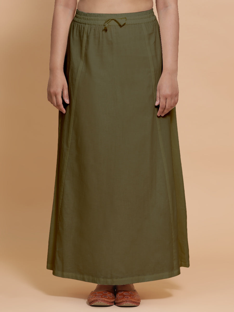 Petticoat/Underskirt for Sarees in Deep Olive Green Linen, in Green 70% Cotton 30% Linen, made for daily & work (view 4).