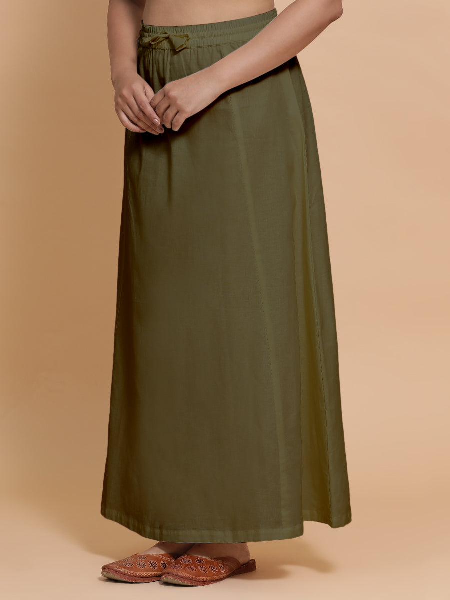 Petticoat/Underskirt for Sarees in Deep Olive Green Linen, in Green 70% Cotton 30% Linen, made for daily & work (view 5).