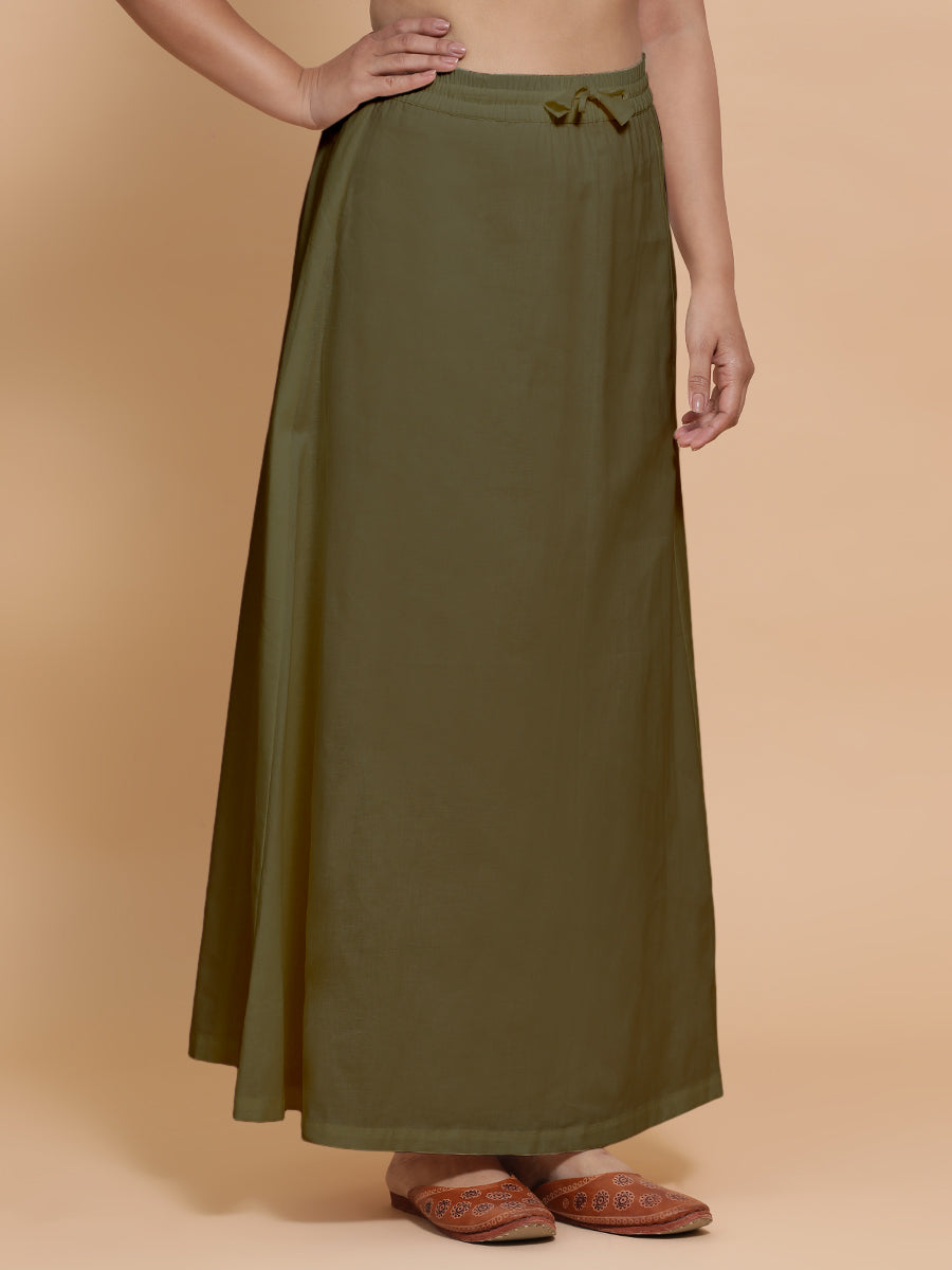 Petticoat/Underskirt for Sarees in Deep Olive Green Linen, in Green 70% Cotton 30% Linen, made for daily & work (view 6).