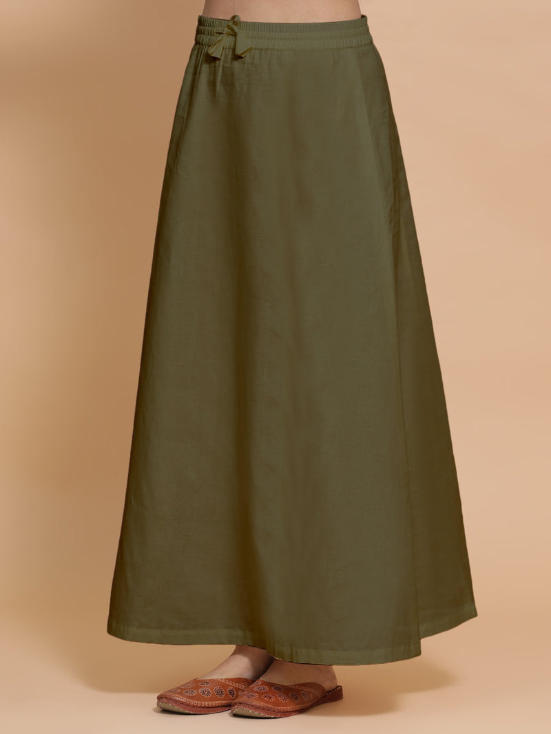 Petticoat/Underskirt for Sarees in Deep Olive Green Linen-Binks