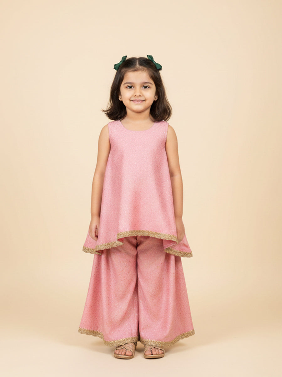 Kitty x Tyohaar | Pink Foil Chandheri Tent Style Kurta & Flared Pant Set