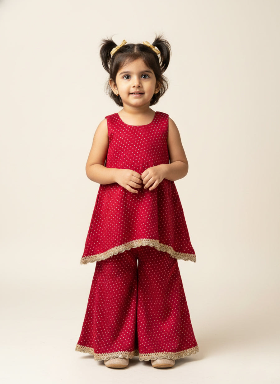 Kitty x Tyohaar | Red Foil Chandheri Tent Style Kurta & Flared Pant Set