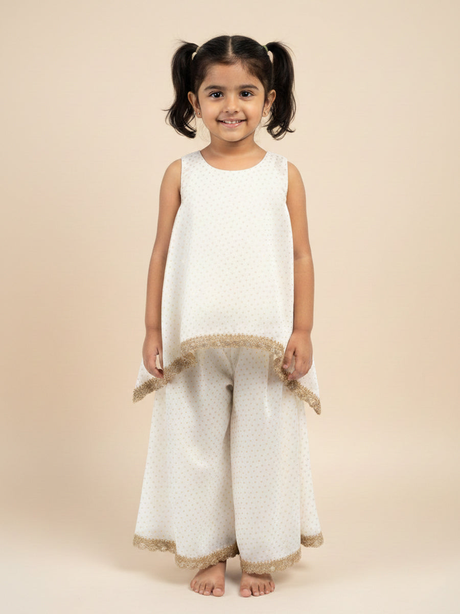 Kitty x Tyohaar | White Foil Chandheri Tent Style Kurta & Flared Pant Set