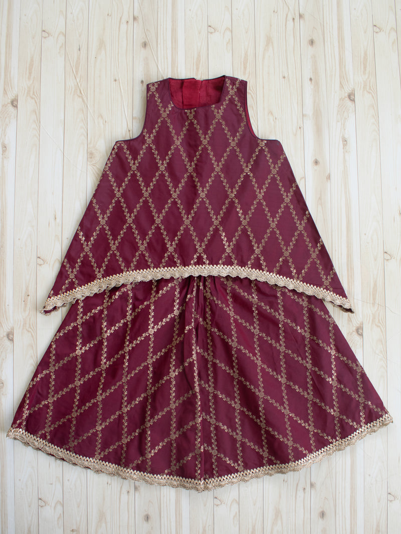 Poppy x Tyohaar Kidswear - Girls, in Maroon Viscose Silk Brocade, featuring sleeveless and jewel neckline.