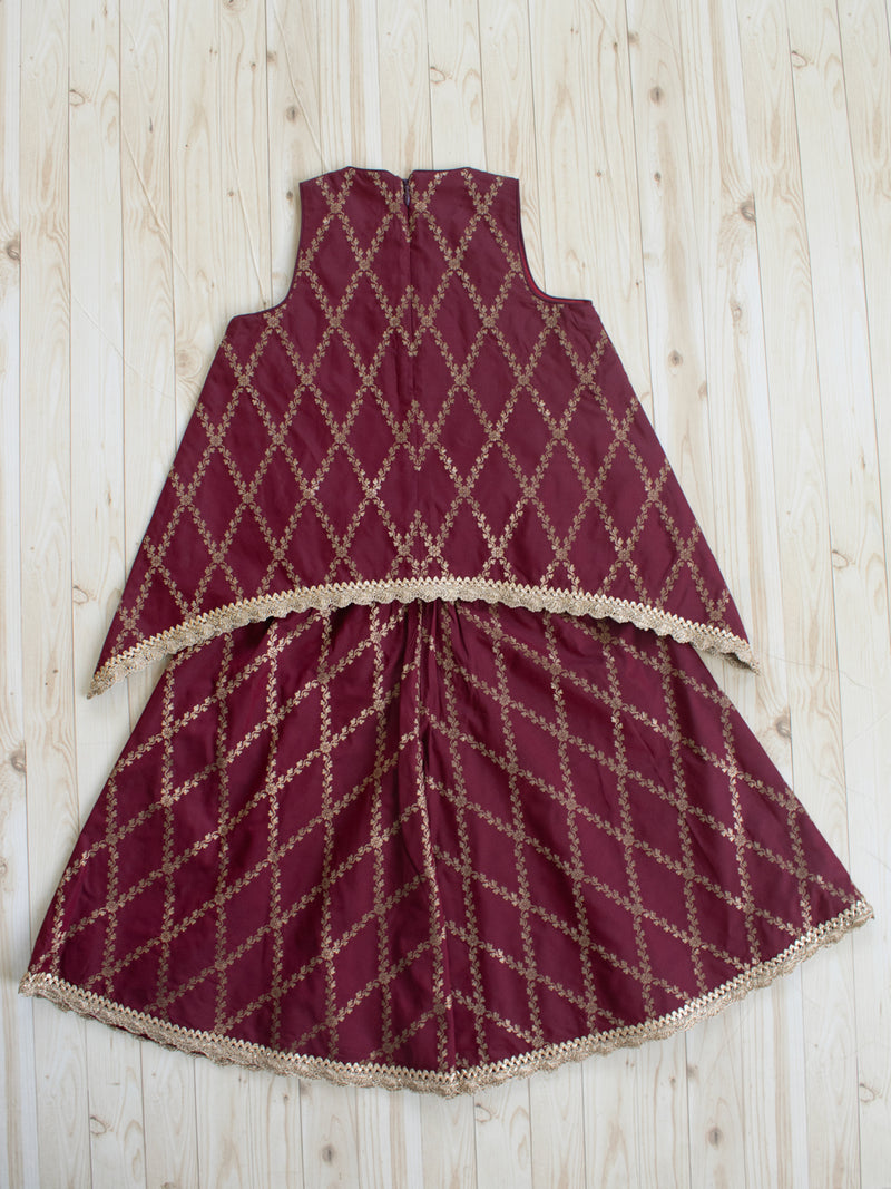 Poppy x Tyohaar Kidswear - Girls, in Maroon Viscose Silk Brocade, featuring sleeveless and jewel neckline (view 2).