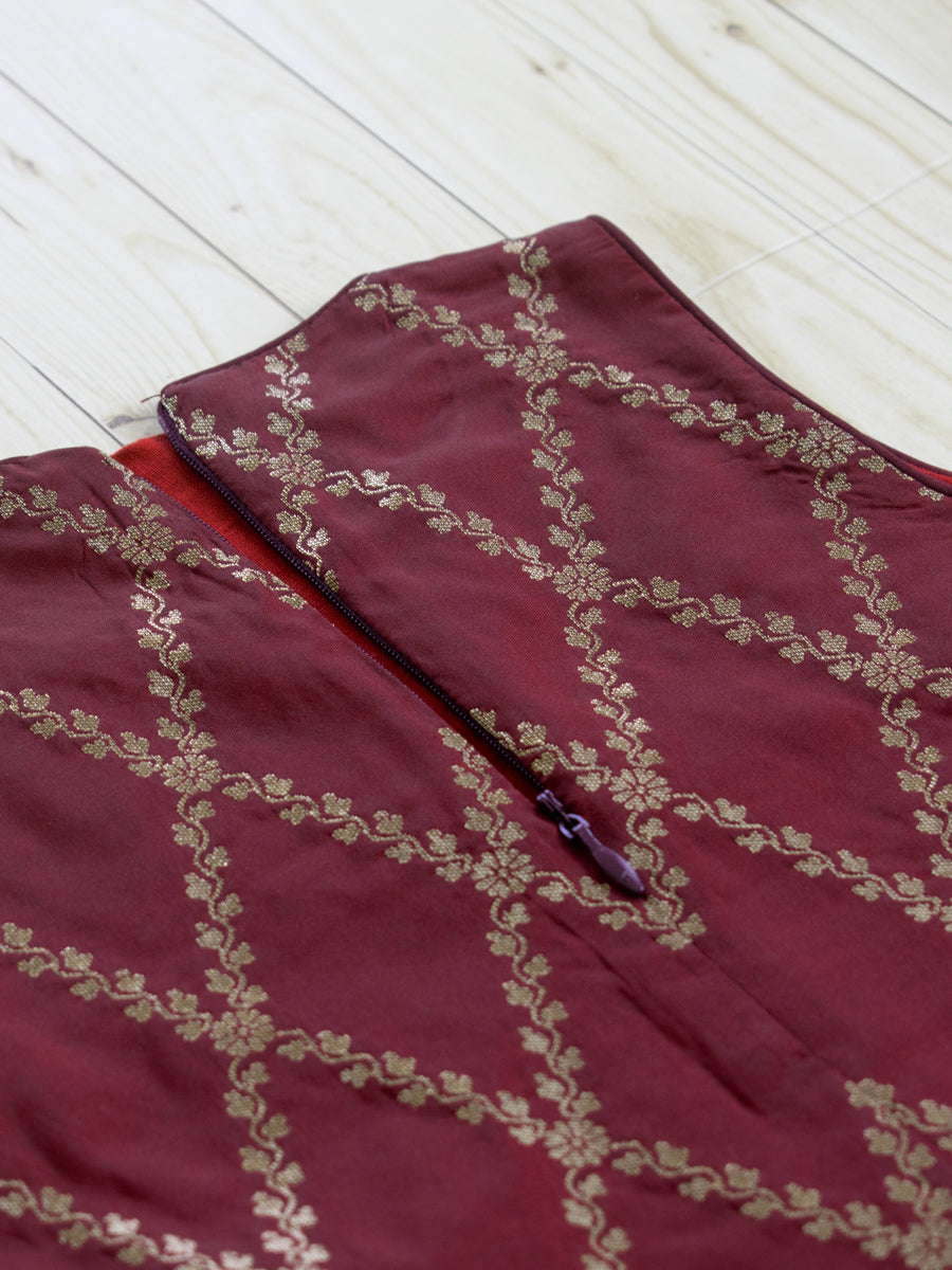 Poppy x Tyohaar Kidswear - Girls, in Maroon Viscose Silk Brocade, featuring sleeveless and jewel neckline (view 5).