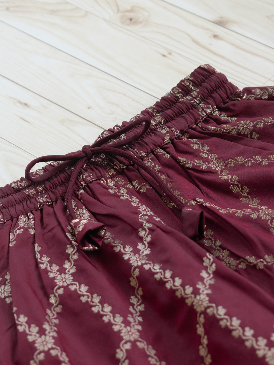 Poppy x Tyohaar Kidswear - Girls, in Maroon Viscose Silk Brocade, featuring sleeveless and jewel neckline (view 6).