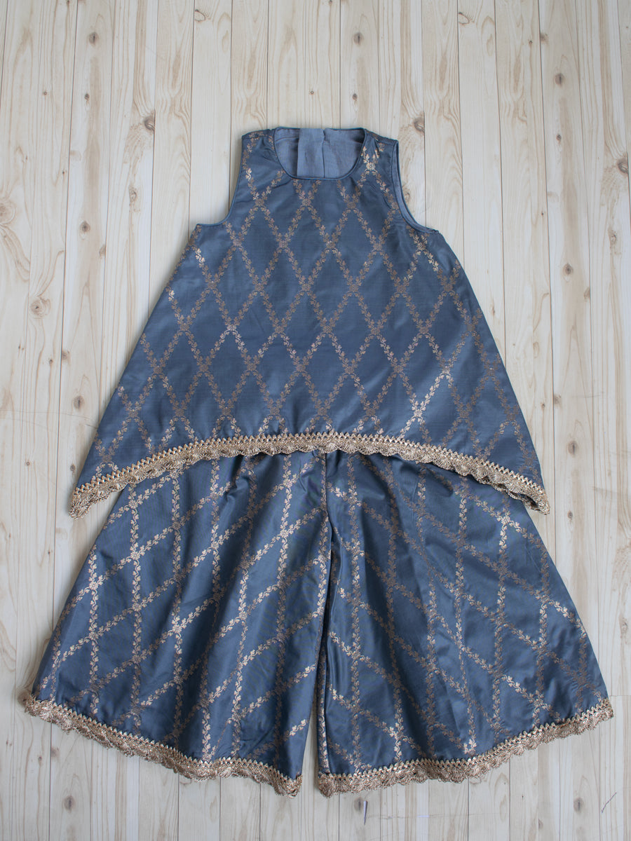 Poppy x Tyohaar Kidswear - Girls, in Grey Viscose Silk Brocade, featuring sleeveless and jewel neckline.
