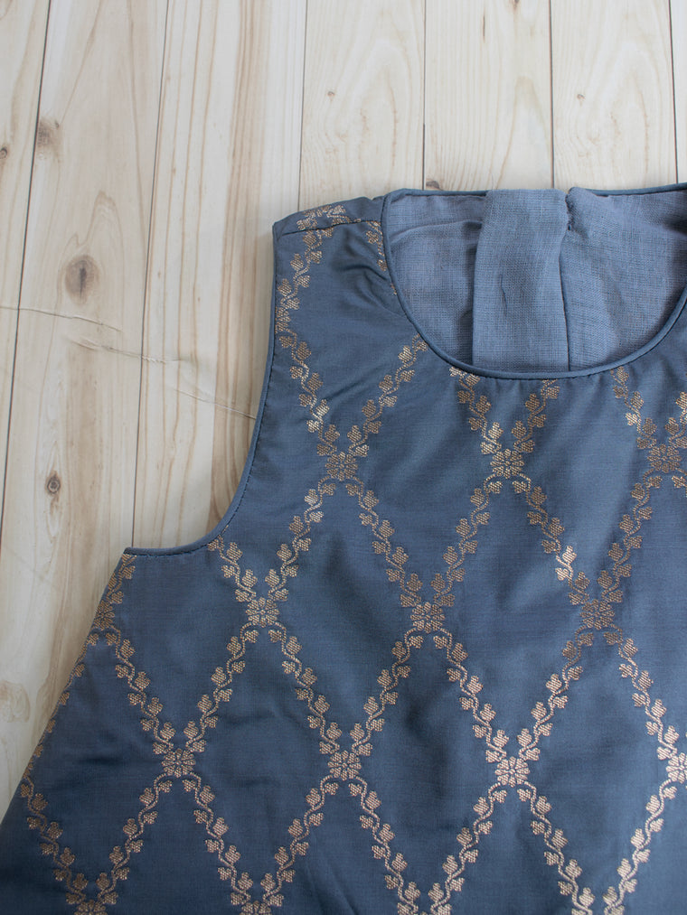 Poppy x Tyohaar Kidswear - Girls, in Grey Viscose Silk Brocade, featuring sleeveless and jewel neckline (view 3).