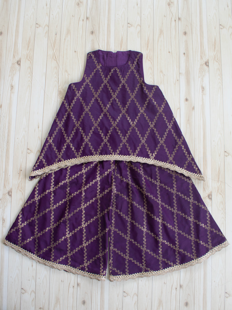 Poppy x Tyohaar Kidswear - Girls, in Purple Viscose Silk Brocade, featuring sleeveless and jewel neckline.