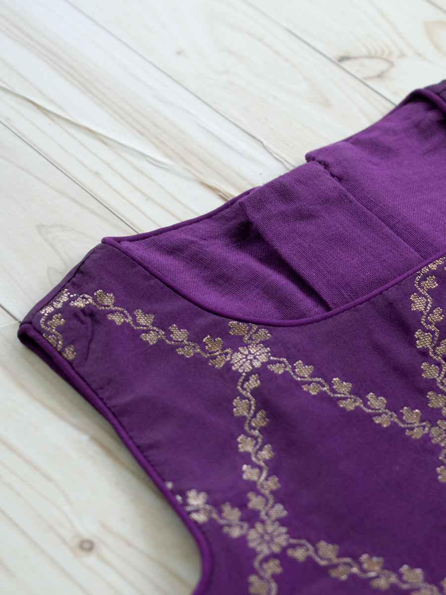 Poppy x Tyohaar Kidswear - Girls, in Purple Viscose Silk Brocade, featuring sleeveless and jewel neckline (view 3).
