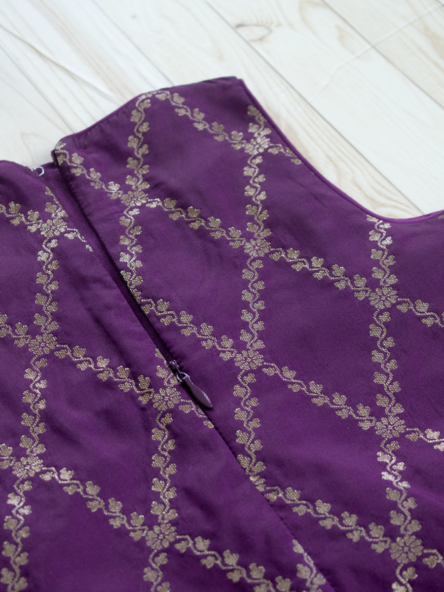 Poppy x Tyohaar Kidswear - Girls, in Purple Viscose Silk Brocade, featuring sleeveless and jewel neckline (view 4).