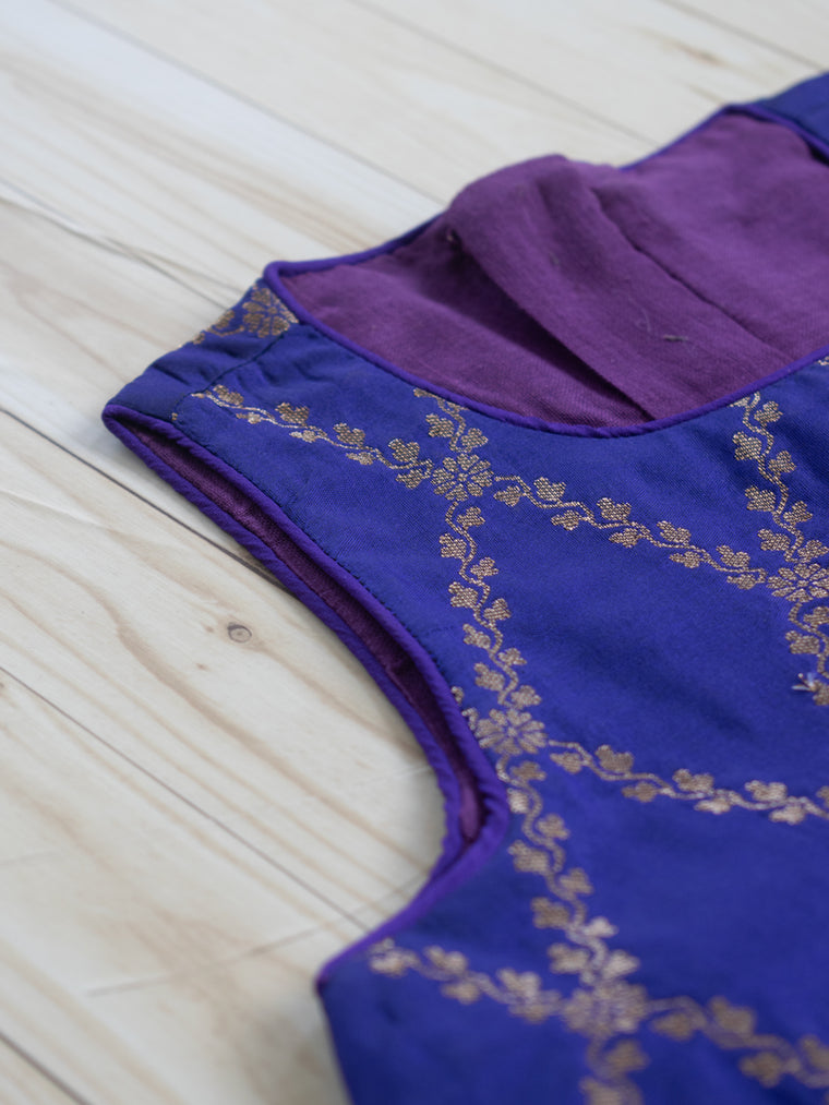 Poppy x Tyohaar Kidswear - Girls, in Purple Viscose Silk Brocade, featuring sleeveless and jewel neckline (view 3).