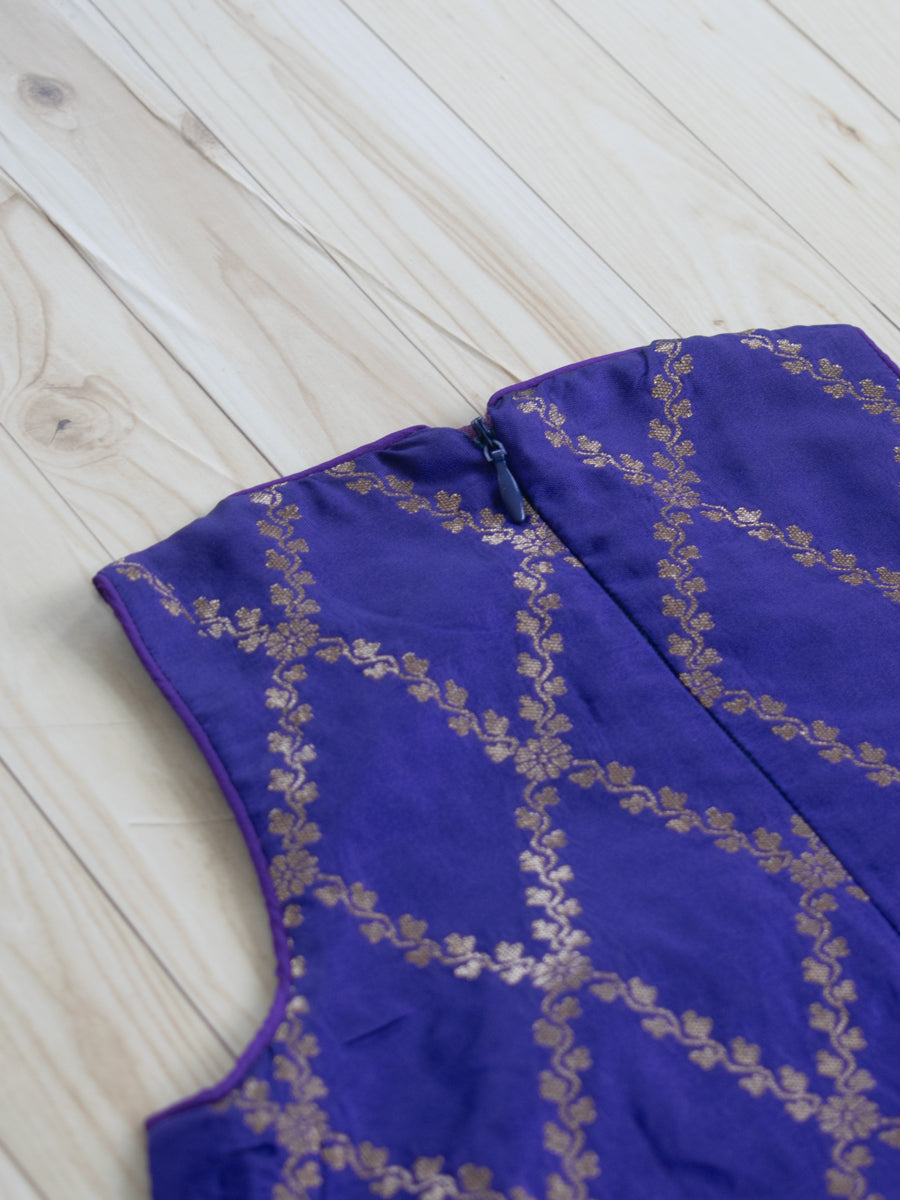 Poppy x Tyohaar Kidswear - Girls, in Purple Viscose Silk Brocade, featuring sleeveless and jewel neckline (view 4).