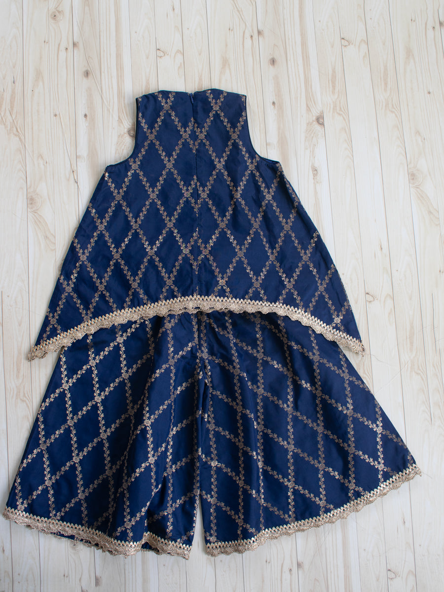 Poppy x Tyohaar Kidswear - Girls, in Blue Viscose Silk Brocade, featuring sleeveless and jewel neckline (view 2).