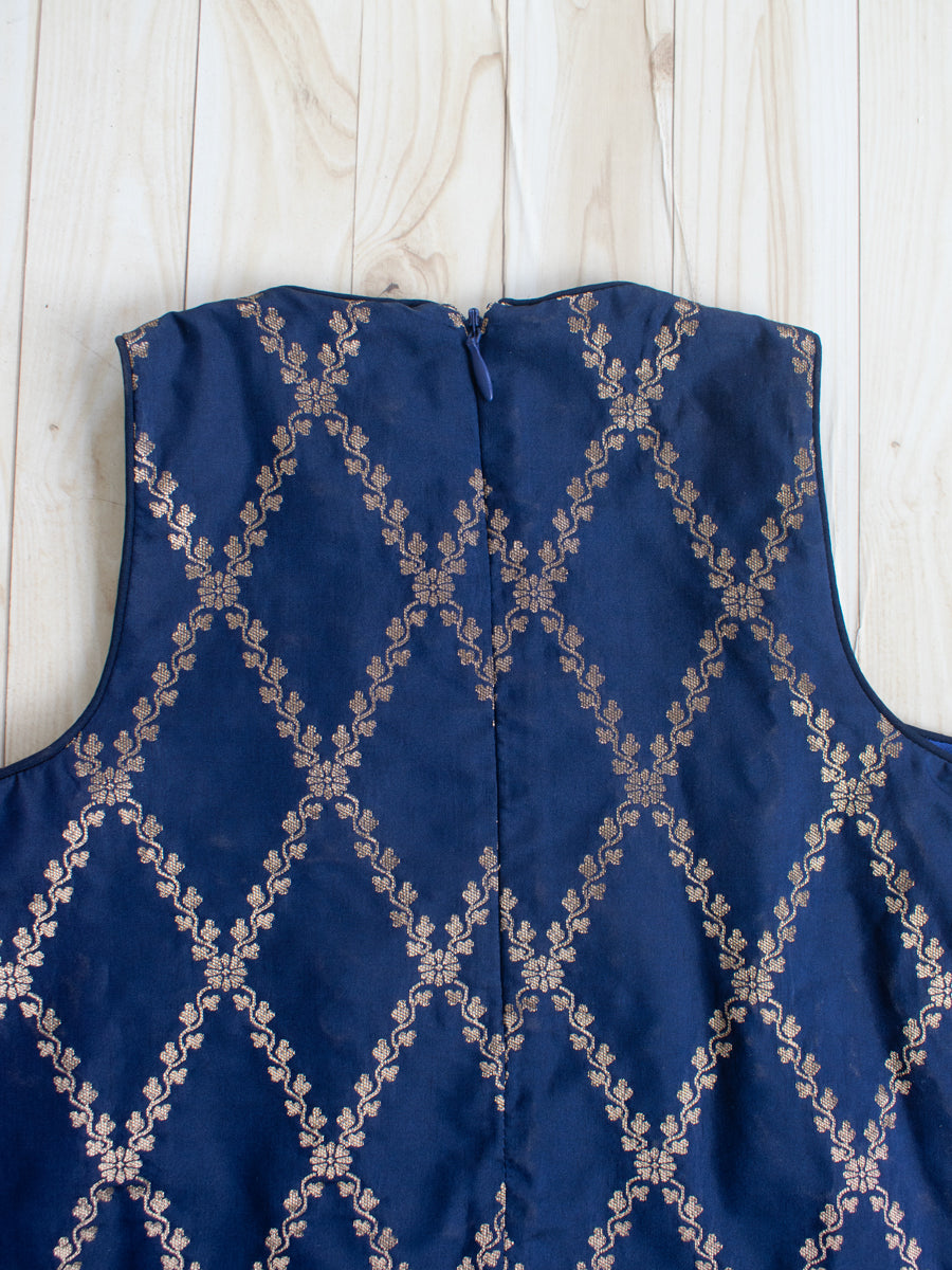 Poppy x Tyohaar Kidswear - Girls, in Blue Viscose Silk Brocade, featuring sleeveless and jewel neckline (view 4).