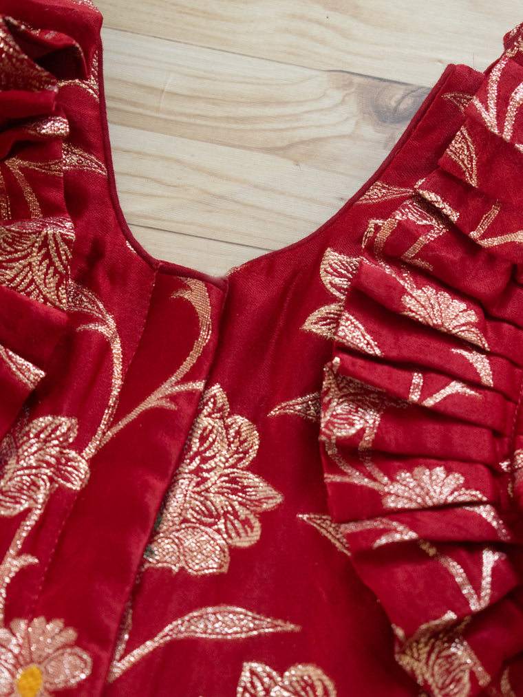 Bulbul x Tyohaar | Red Meenakari Ruffle Sleeve Pattu Pavadai