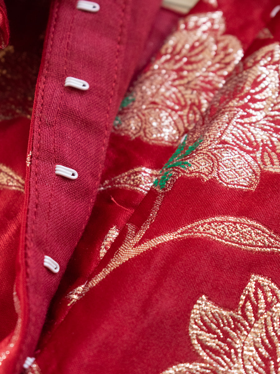 Bulbul x Tyohaar | Red Meenakari Ruffle Sleeve Pattu Pavadai