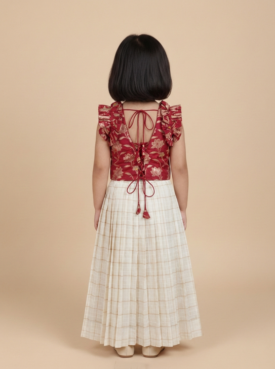 Bulbul x Tyohaar | Red Meenakari Ruffle Sleeve Pattu Pavadai