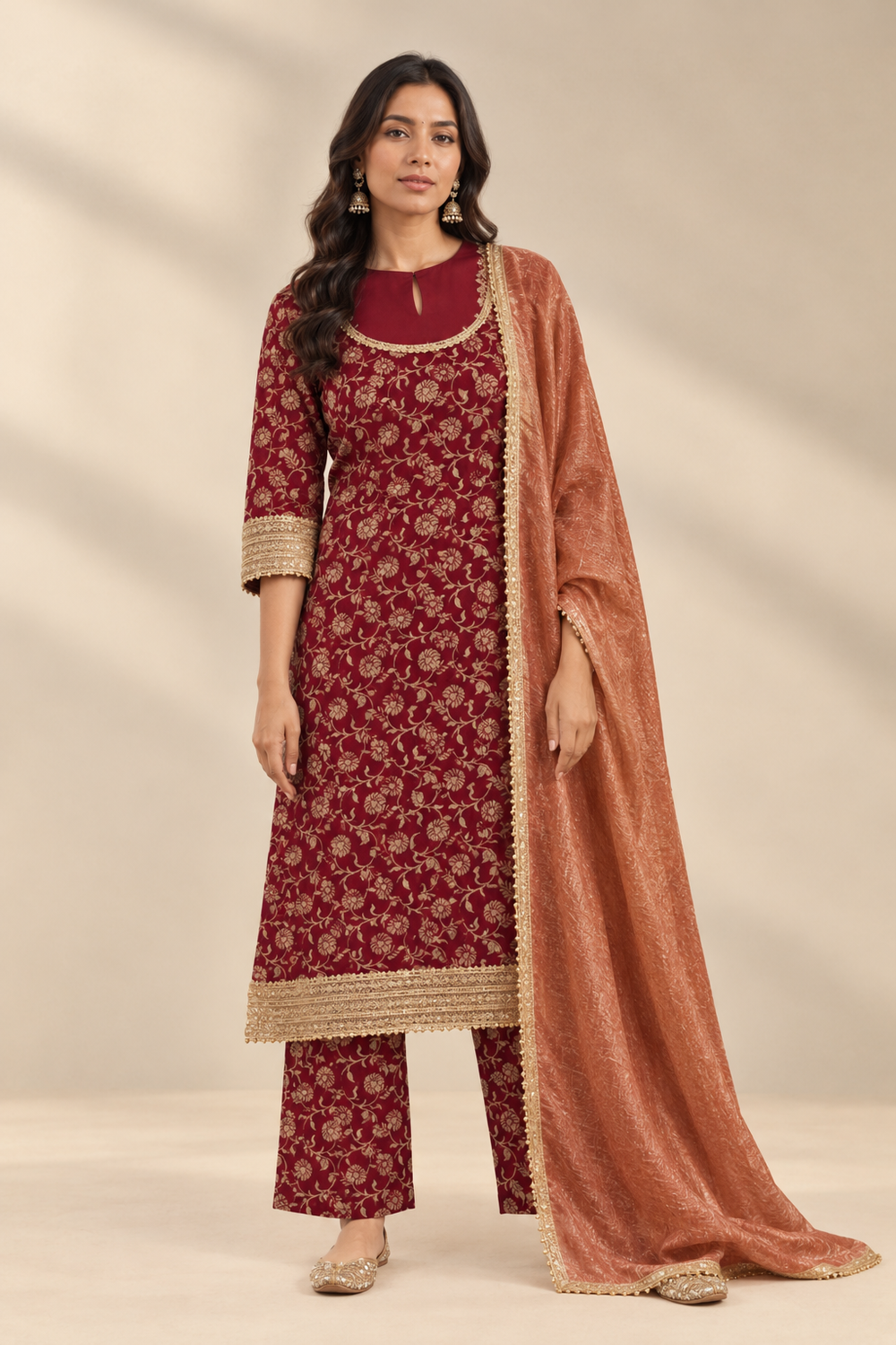 Saubhagya | Red Ochre Floral Jaal Brocade Kurta Set with Dupatta