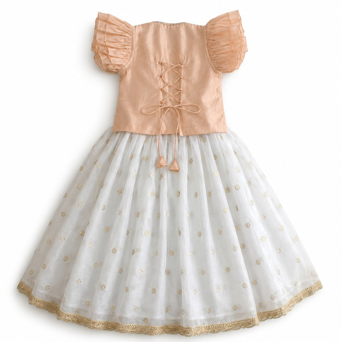 Gilheri x Tyohaar | White & Peach Chandheri-Organza Ruffle Sleeve Lehenga Set