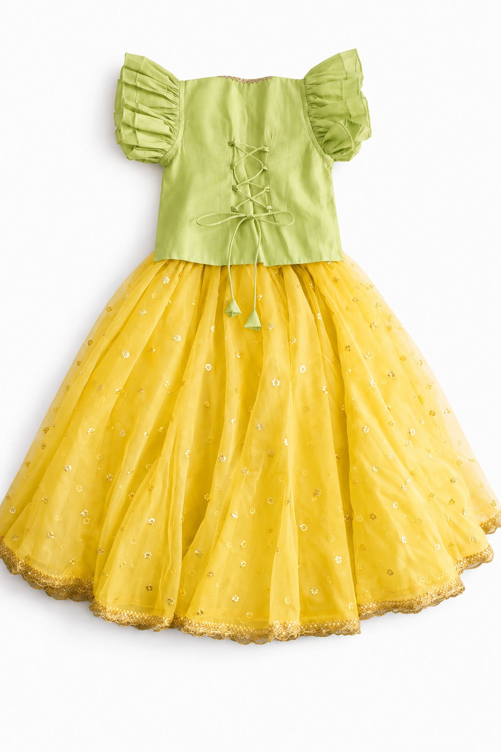 Gilheri x Tyohaar | Green & Yellow Chandheri-Organza Ruffle Sleeve Lehenga Set