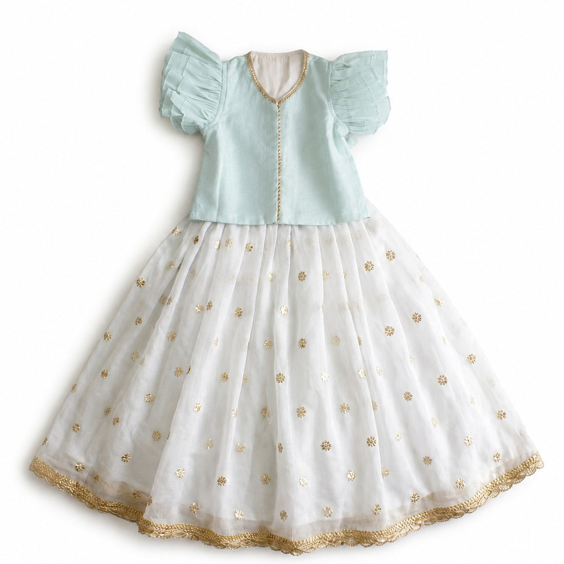 Gilheri x Tyohaar | Powder Blue & White Chandheri-Organza Ruffle Sleeve Lehenga Set