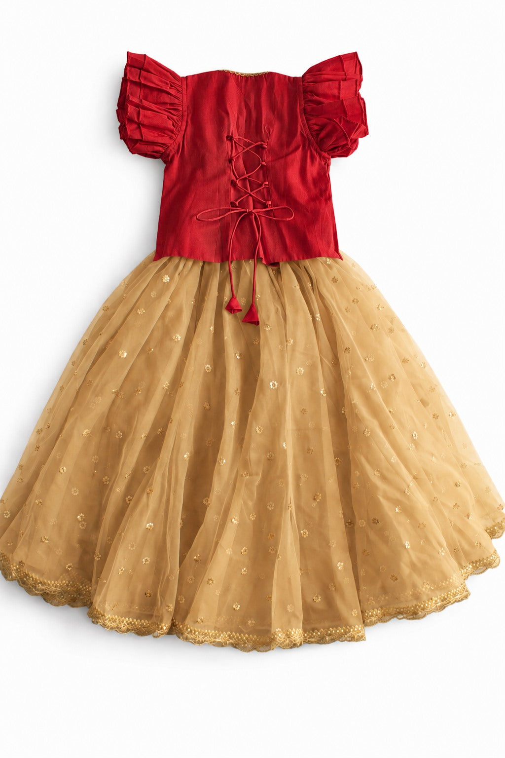 Gilheri x Tyohaar | Velvet Red & Gold Chandheri-Organza Ruffle Sleeve Lehenga Set
