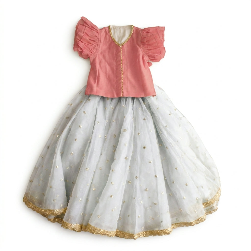 Gilheri x Tyohaar | Rose Pink & White Chandheri-Organza Ruffle Sleeve Lehenga Set