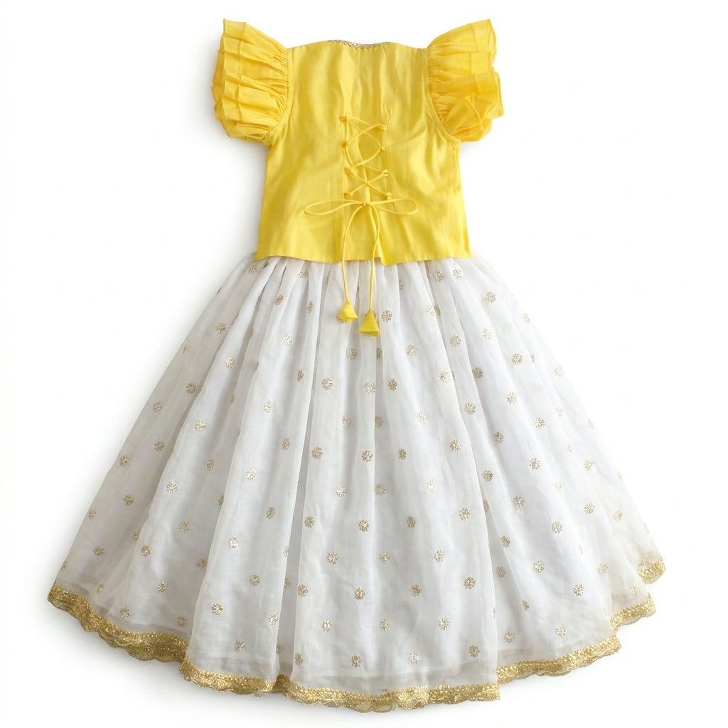 Gilheri x Tyohaar | Yellow & White Chandheri-Organza Ruffle Sleeve Lehenga Set