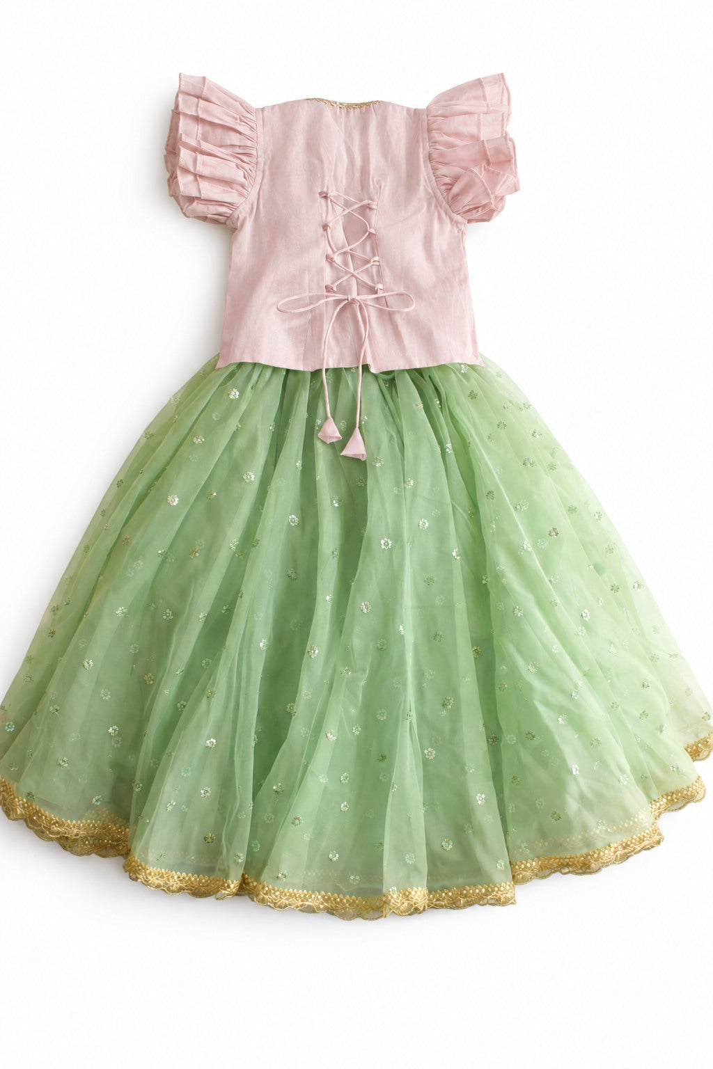 Gilheri x Tyohaar | Baby Pink & Green Chandheri-Organza Ruffle Sleeve Lehenga Set