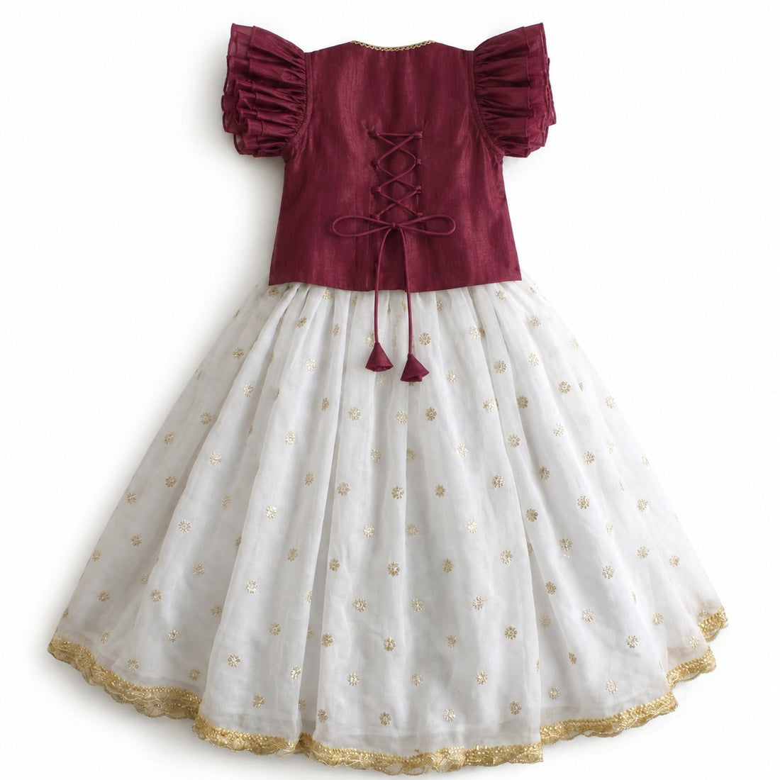 Gilheri x Tyohaar | Burgundy & White Chandheri-Organza Ruffle Sleeve Lehenga Set