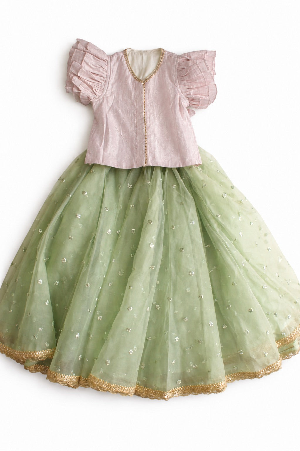 Gilheri x Tyohaar | Baby Pink & Green Chandheri-Organza Ruffle Sleeve Lehenga Set