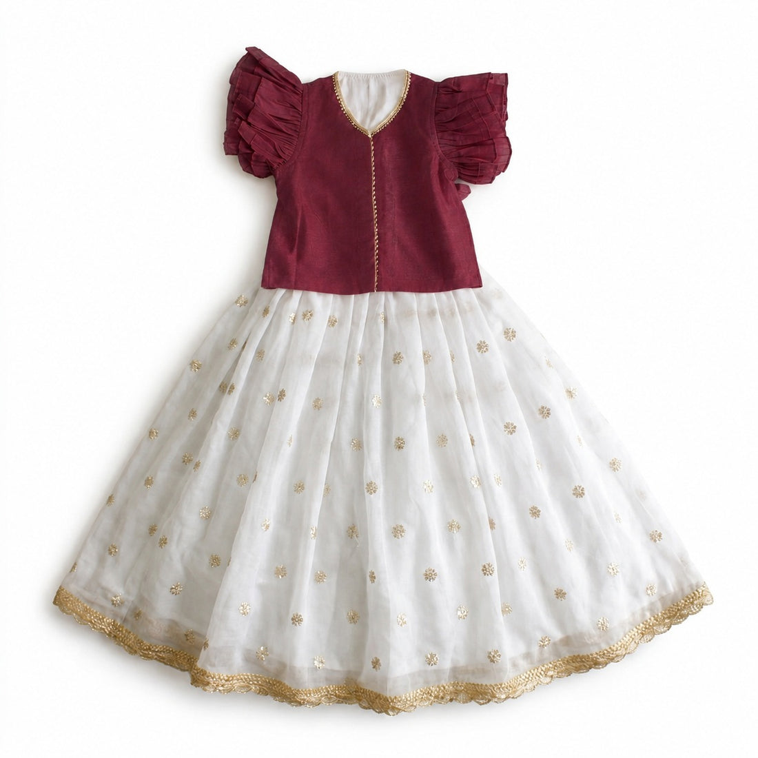 Gilheri x Tyohaar | Burgundy & White Chandheri-Organza Ruffle Sleeve Lehenga Set