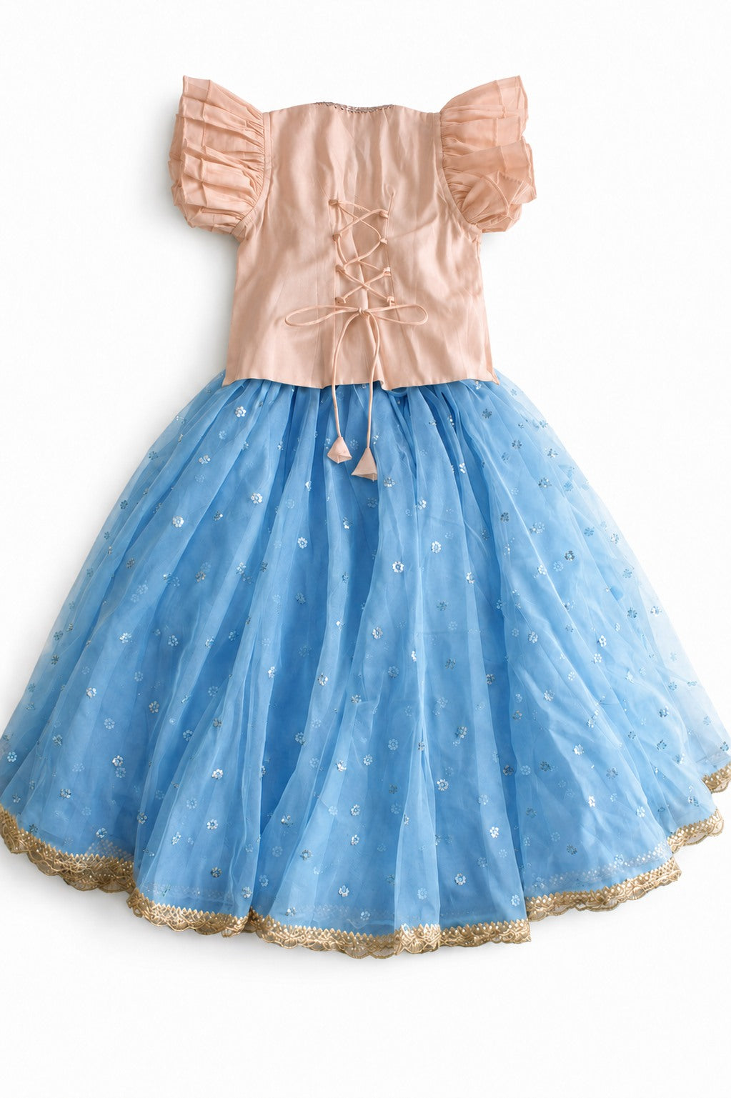 Gilheri x Tyohaar | Peach & Blue Chandheri-Organza Ruffle Sleeve Lehenga Set