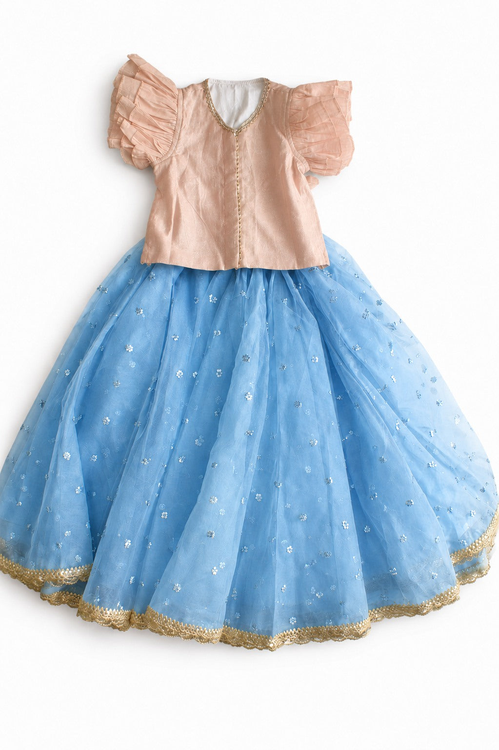 Gilheri x Tyohaar | Peach & Blue Chandheri-Organza Ruffle Sleeve Lehenga Set