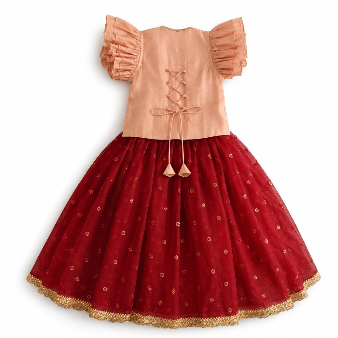 Gilheri x Tyohaar | Peach & Red Chandheri-Organza Ruffle Sleeve Lehenga Set
