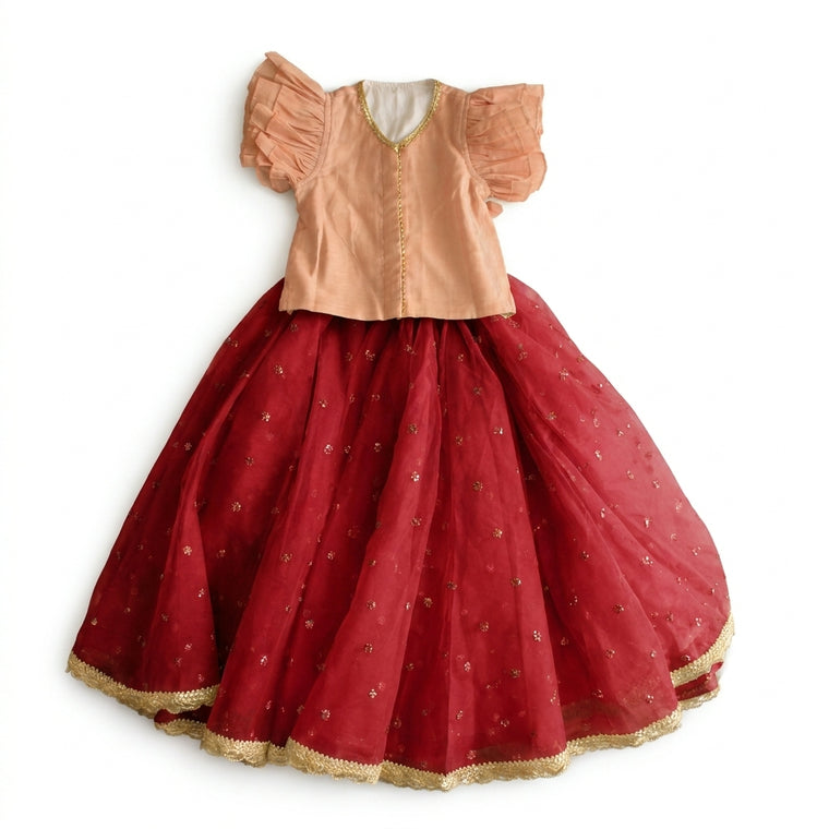 Gilheri x Tyohaar | Peach & Red Chandheri-Organza Ruffle Sleeve Lehenga Set