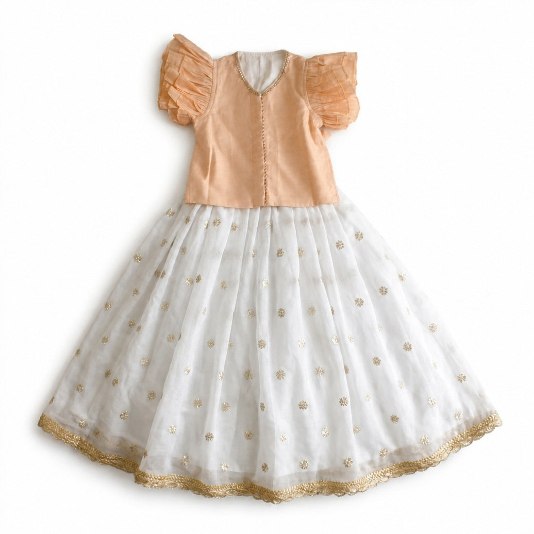 Gilheri x Tyohaar | White & Peach Chandheri-Organza Ruffle Sleeve Lehenga Set
