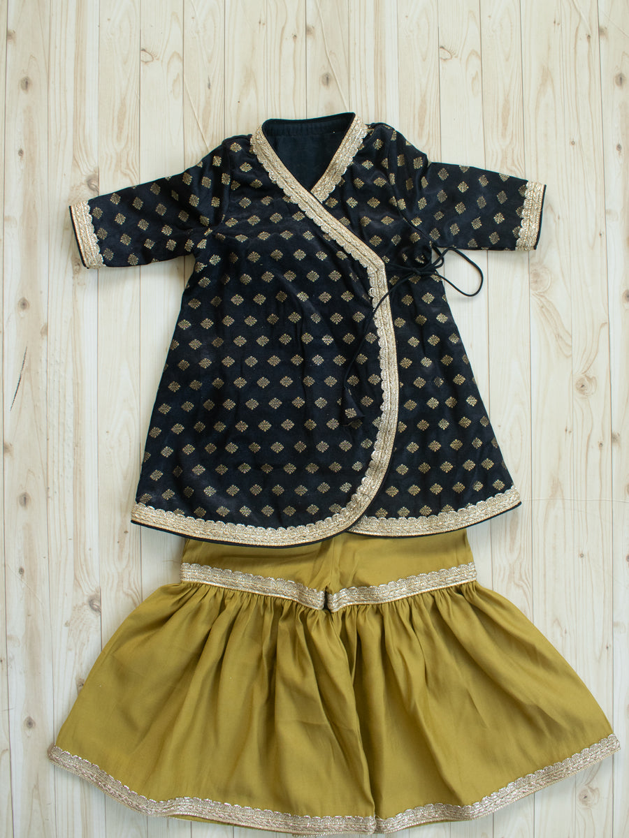 Chamki x Tyohaar | Black Butta Satin Viscose Angrakha-Sharara Set