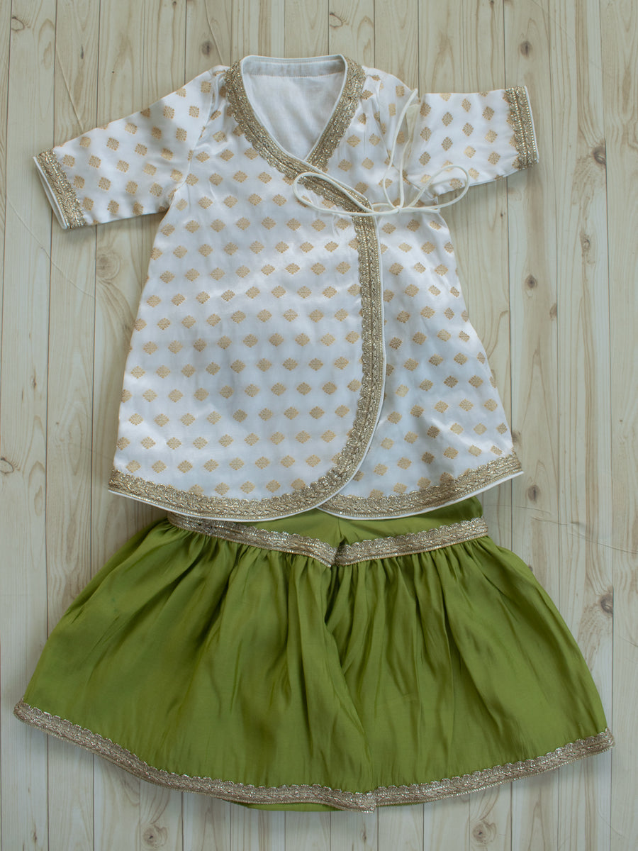 Chamki x Tyohaar | White Butta Satin Viscose Angrakha-Sharara Set