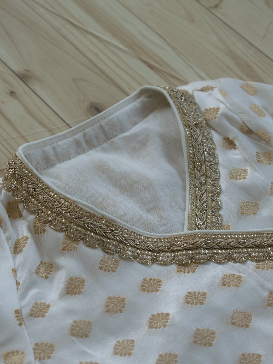 Chamki x Tyohaar | White Butta Satin Viscose Angrakha-Sharara Set