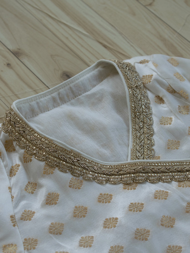 Chamki x Tyohaar | White Butta Satin Viscose Angrakha-Sharara Set