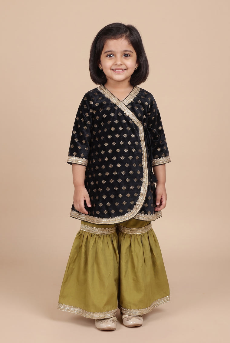 Chamki x Tyohaar | Black Butta Satin Viscose Angrakha-Sharara Set
